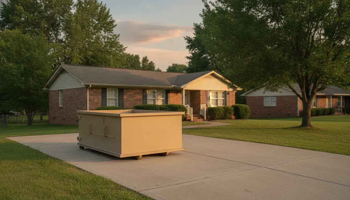 Earth-tone 15-yard roll-off dumpster on a residential driveway in Lebanon, Tennessee