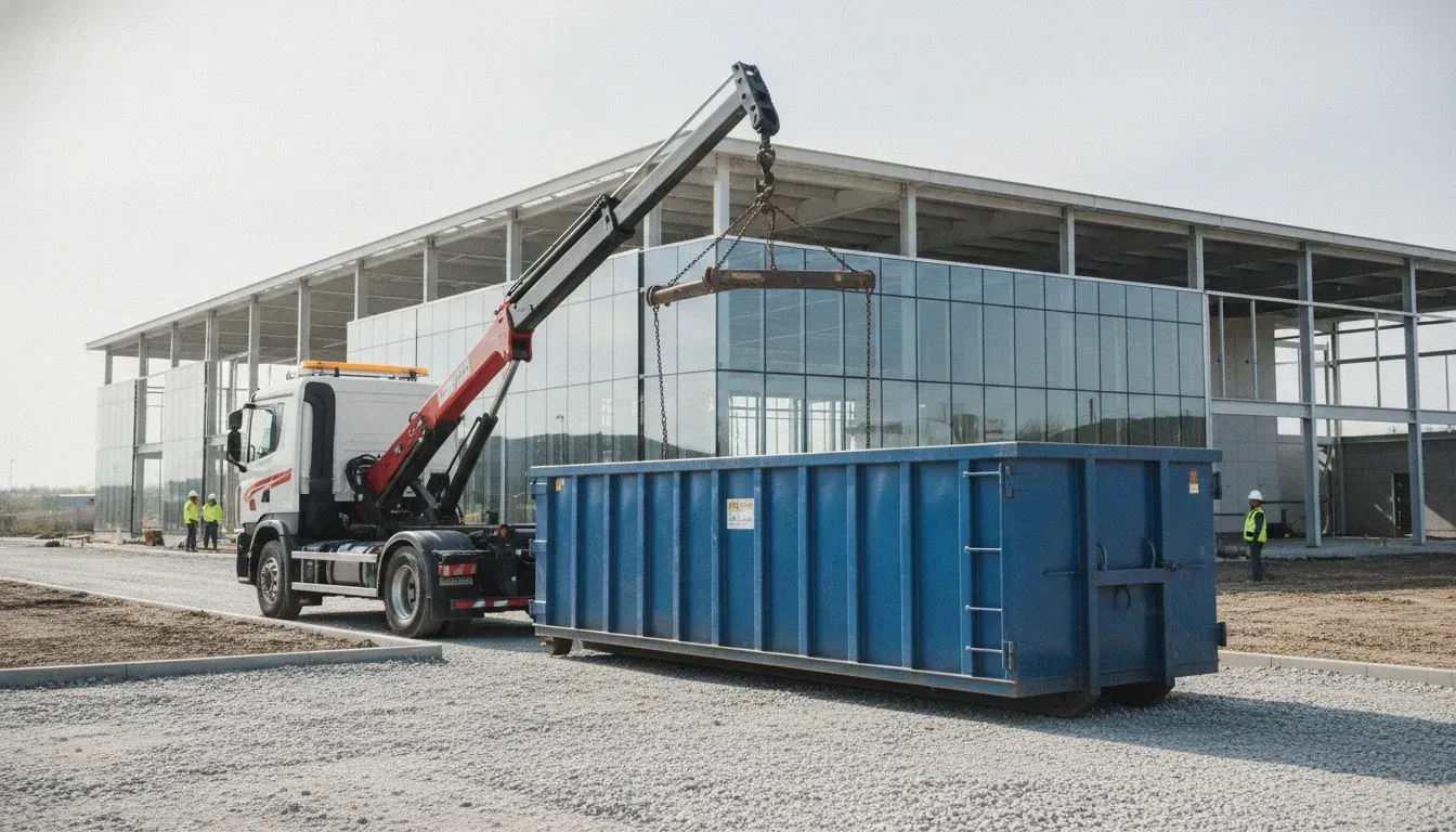 Roll-off dumpster being delivered by truck at a construction site.