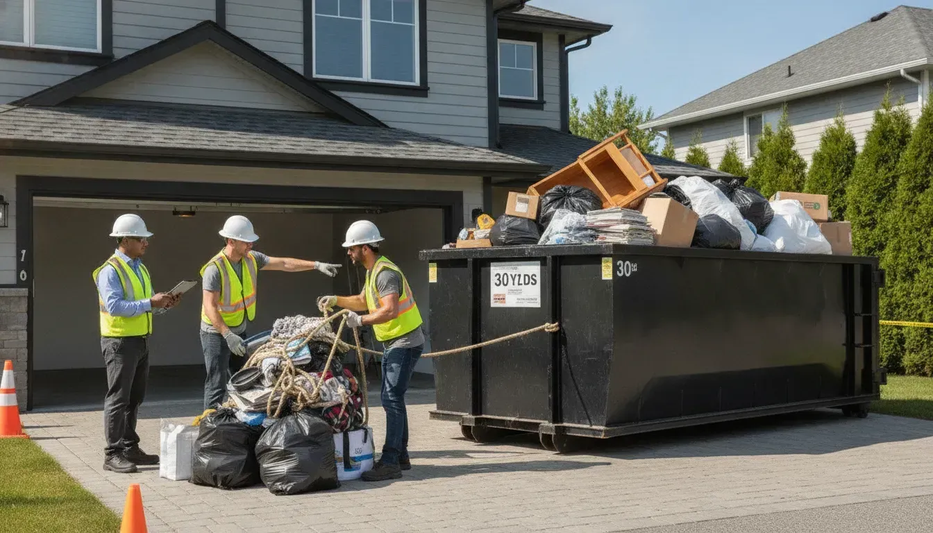 Workers load debris into a rental dumpster during a hoarding cleanup.