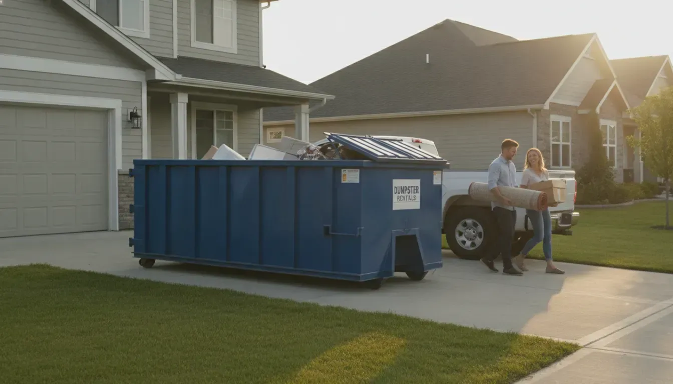 Residential dumpster rental in a driveway for a home cleanout or renovation.