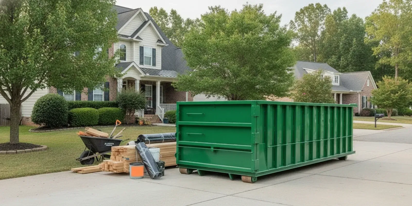 A 15-yard roll-off dumpster positioned in a residential driveway beside a home