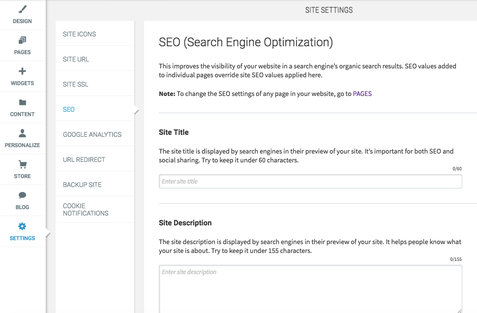 SEO Optimization settings for FirstSite