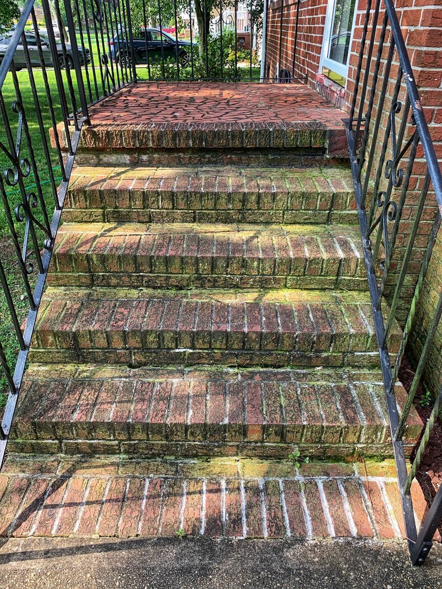 Concrete front steps with black metal railings, dappled sunlight, and a brick house entrance.