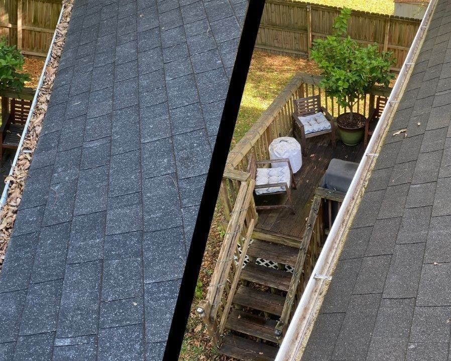 Split view of a roof and a narrow backyard patio with stairs, chairs, potted plants, and a tree