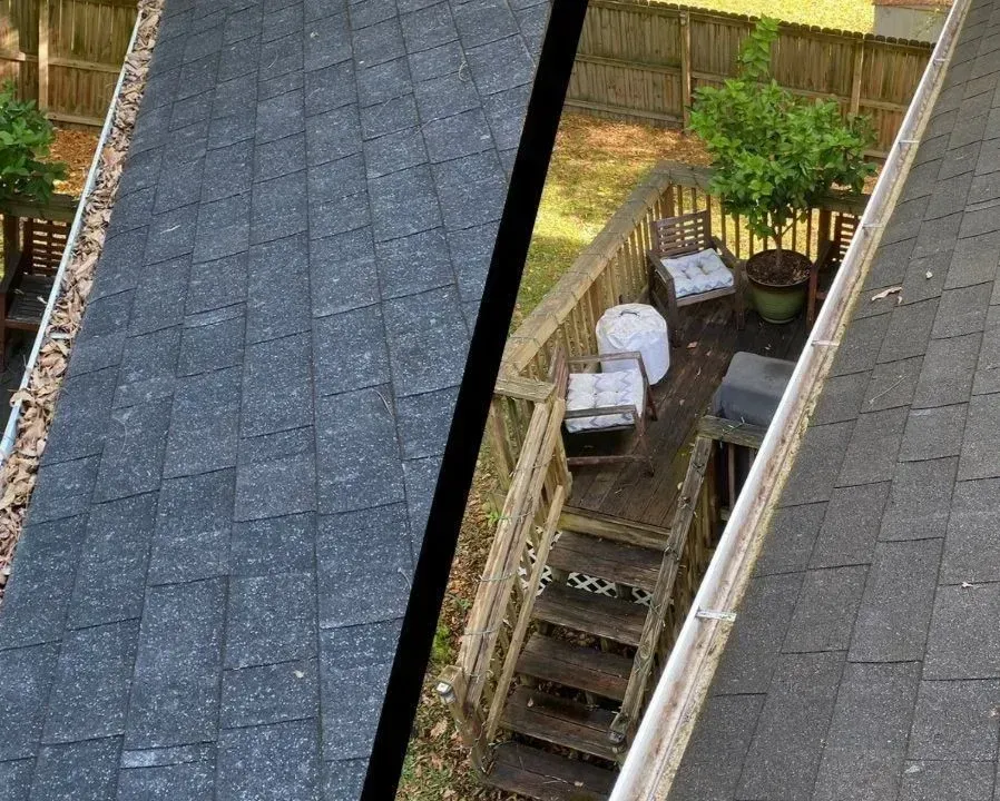 Split view of a roof and a narrow backyard patio with stairs, chairs, potted plants, and a tree