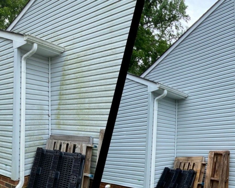 Split-view of a house exterior, showing dirty white siding on the left and clean siding on the right.