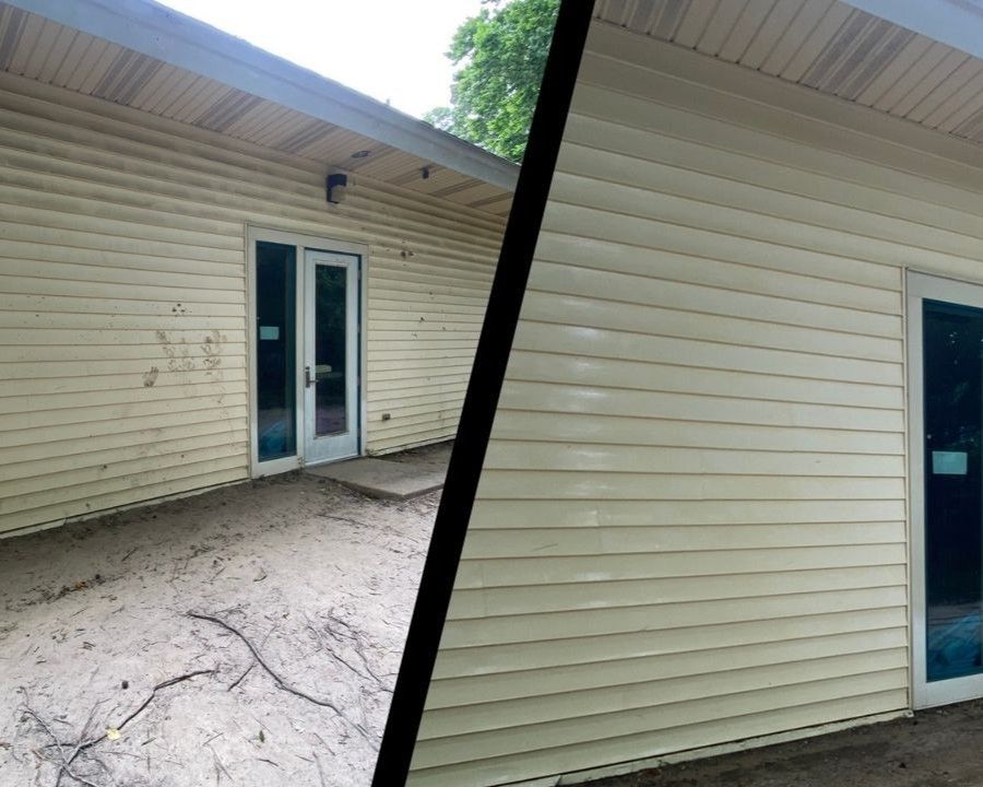 Side-by-side view of a cream house exterior with a back door and siding before-and-after cleaning.