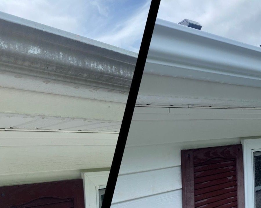 Split view of damaged and repaired white house roof eaves with siding and shutters below