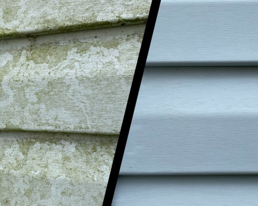 Split view of weathered siding on the left and clean light-gray siding on the right