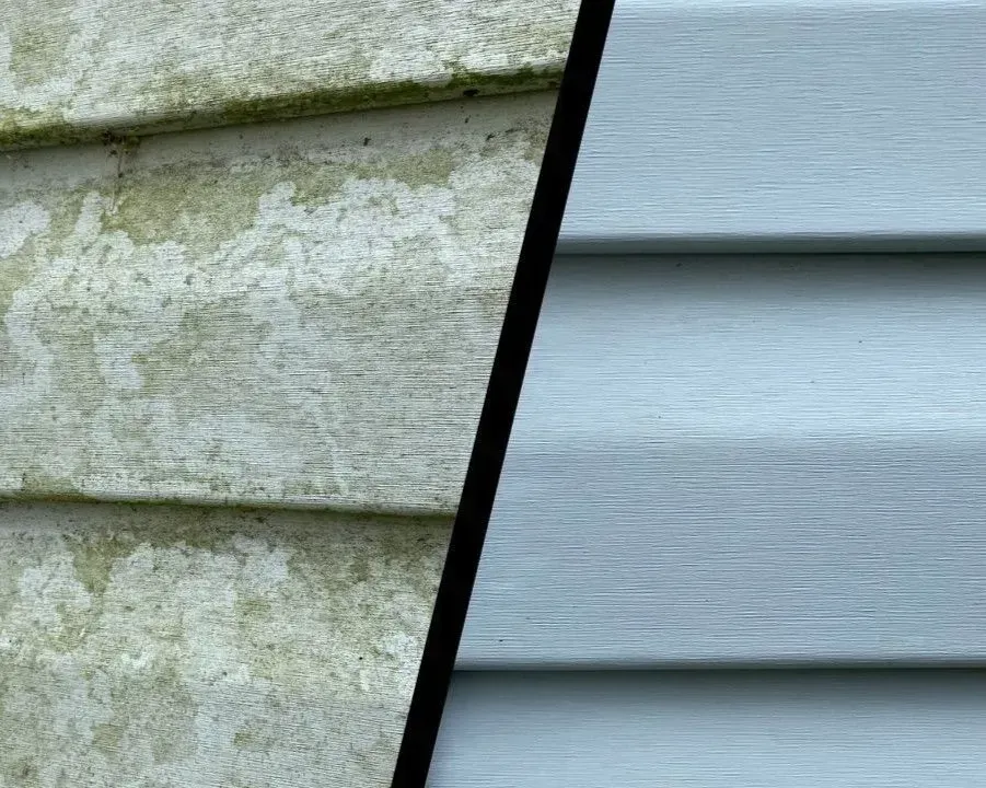 Split view of weathered siding on the left and clean light-gray siding on the right