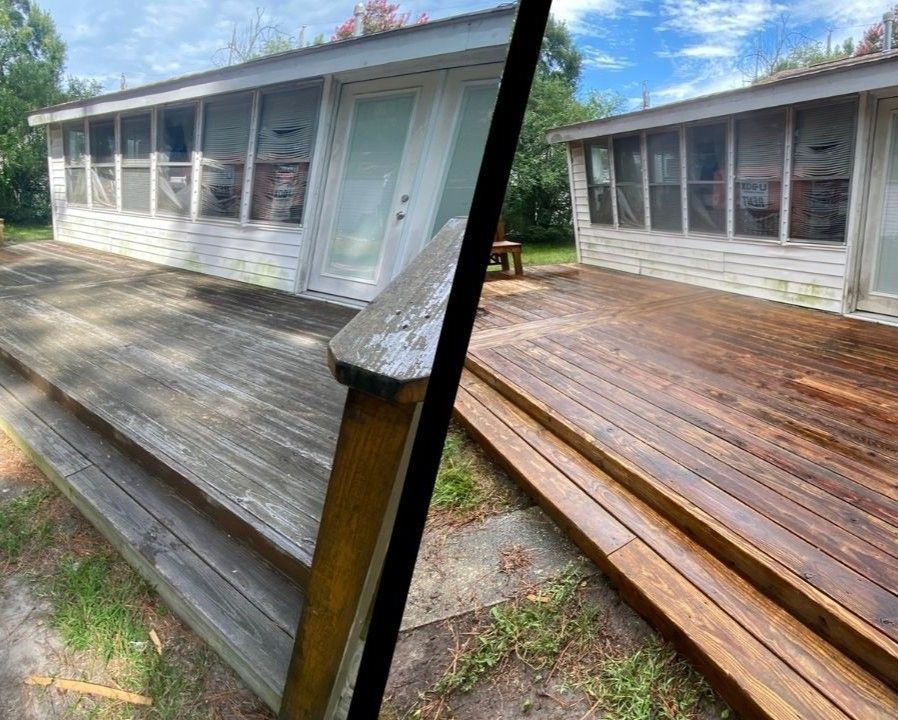 Before-and-after view of a weathered wooden porch deck, showing gray boards changed to freshly stained brown.