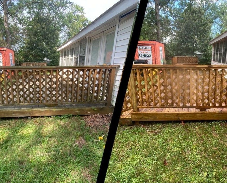Before and after view of a wooden backyard lattice fence, showing darker and brighter stained sections.