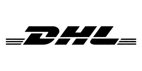 DHL logo: Black letters and lines on white background.
