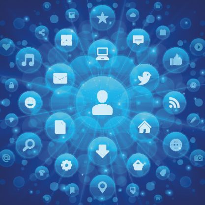 Blue network graphic of a person icon surrounded by connected social media and technology icons in bubbles.