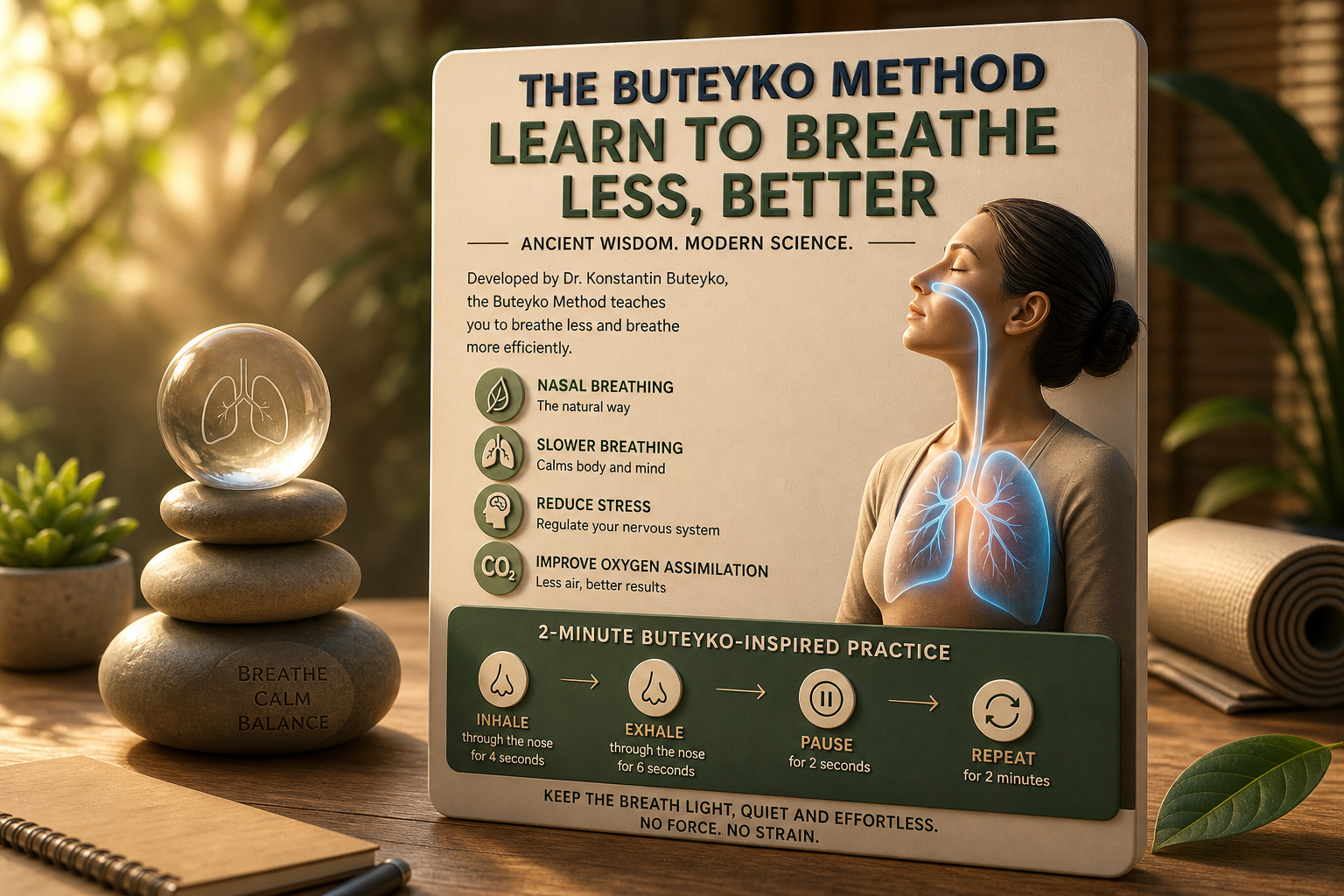 Buteyko Method poster with breathing tips, stacked stones, and a woman illustration in a calm spa setting
