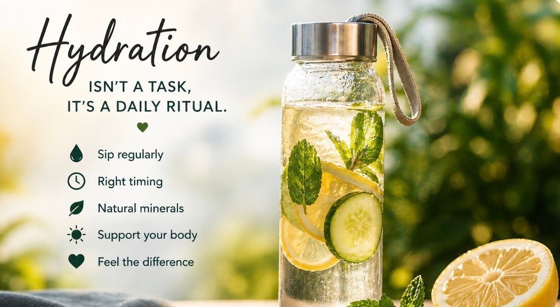 Infographic of citrus water with mint in a glass bottle, text: “Hydration isn’t a task, it’s a daily ritual.”