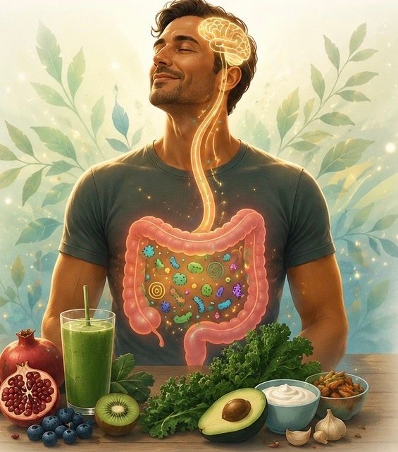 Person with glowing digestive tract illustration surrounded by healthy foods and a green smoothie