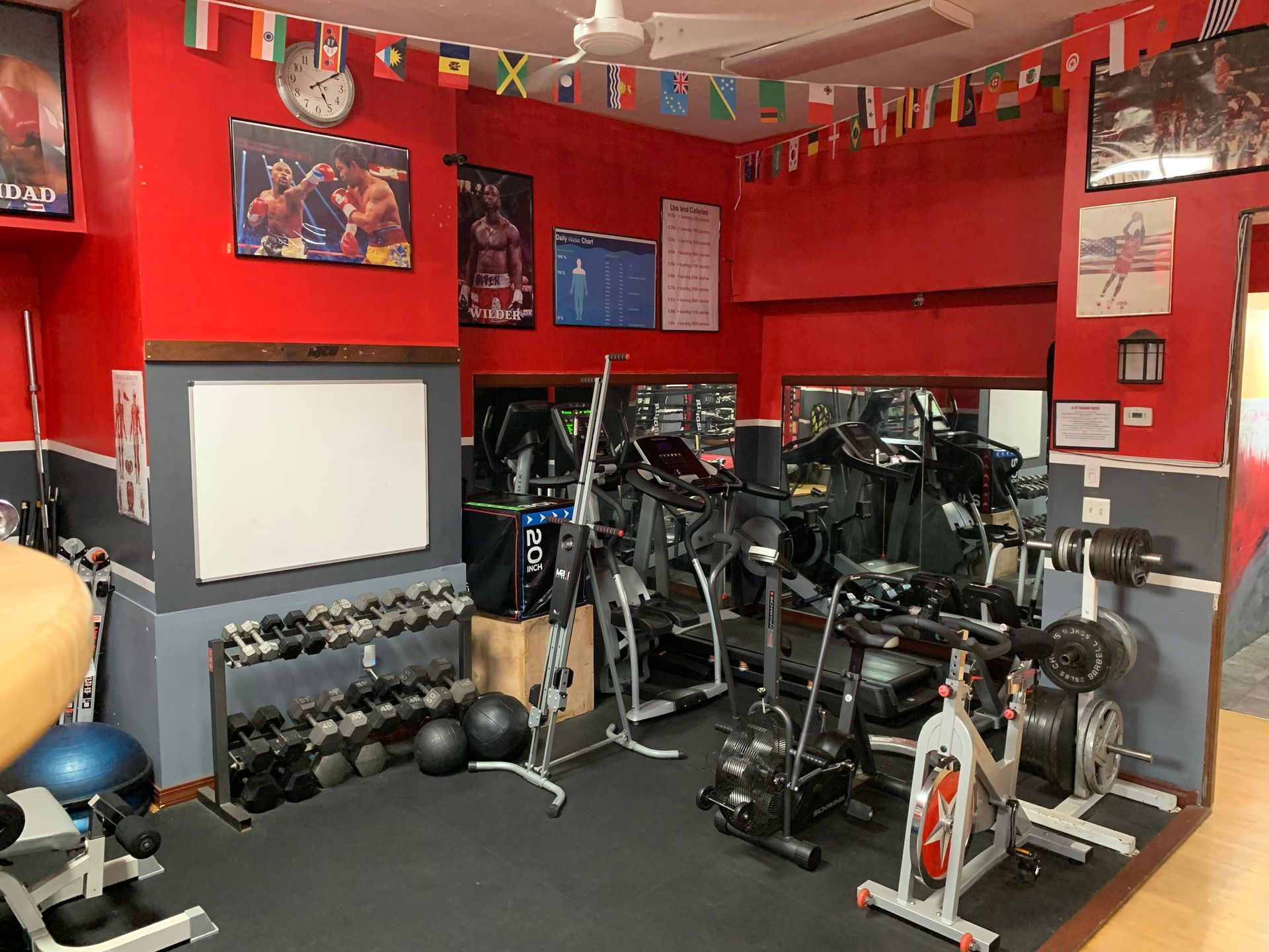 A gym with a lot of exercise equipment and flags on the wall.