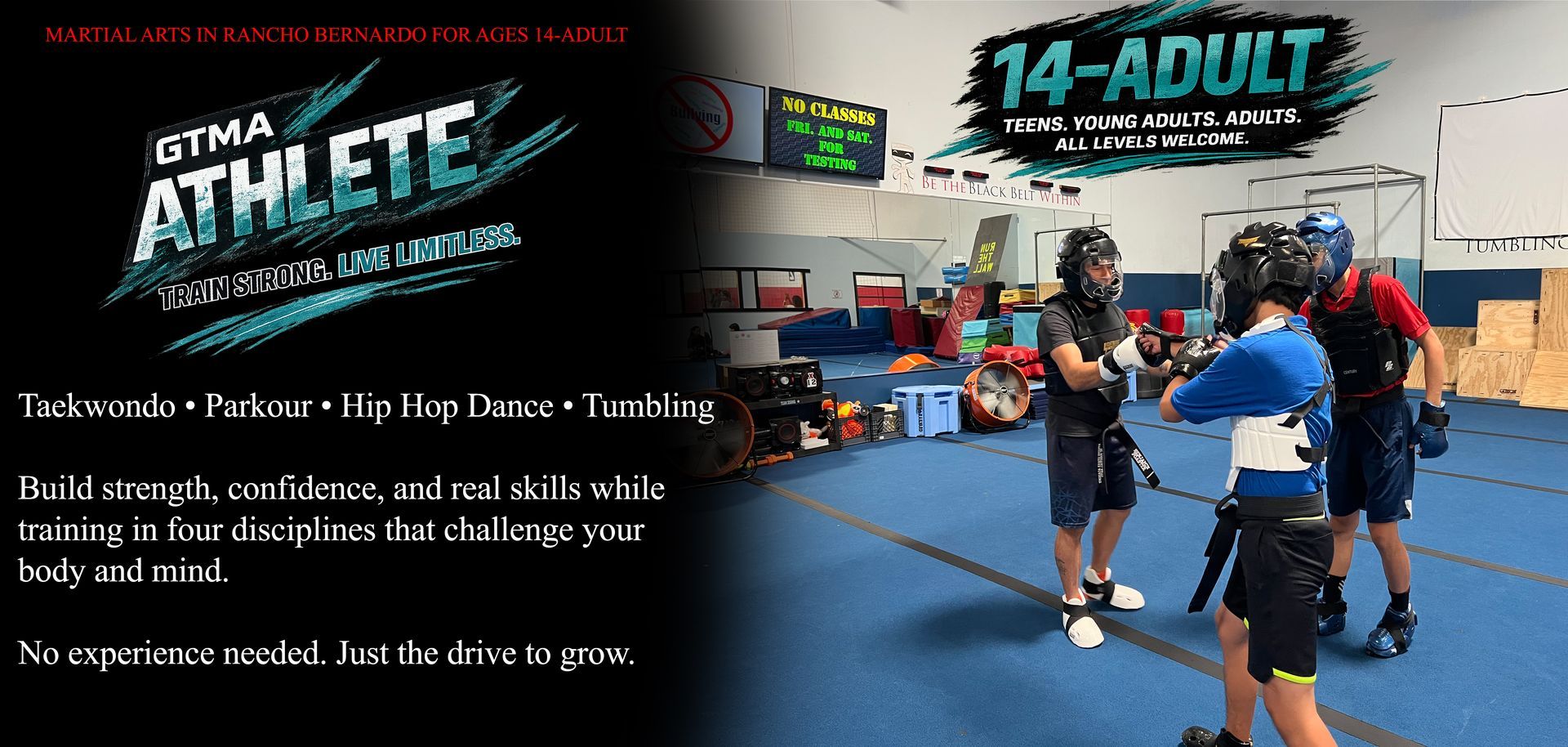 Teens and adults training in Taekwondo, Parkour, Hip Hop and Tumbling at Team XSAMA in San Diego
