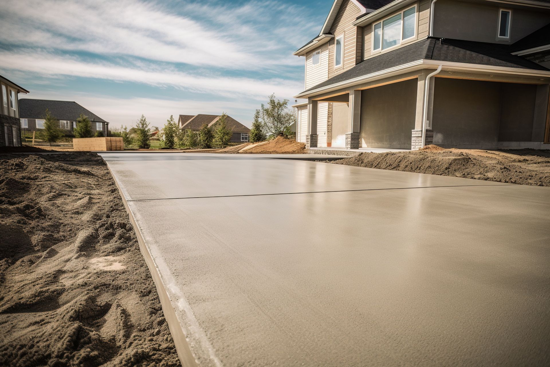 A concrete driveway is being built in front of a house.