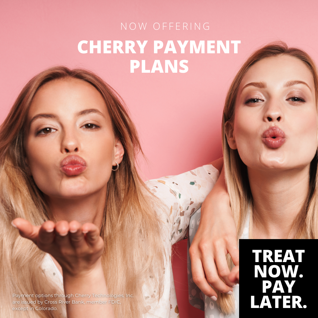 Two women posing with kissy faces, promoting Cherry Payment Plans. Pink background. 