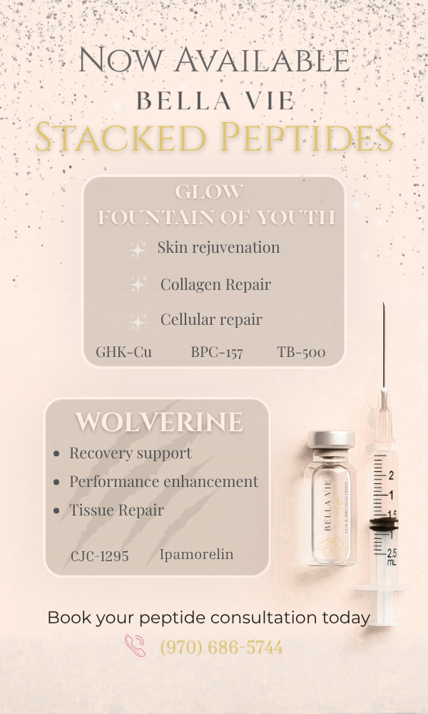Promotional poster for Bella Vie stacked peptides and Wolverine serum, with bottle images and pricing details