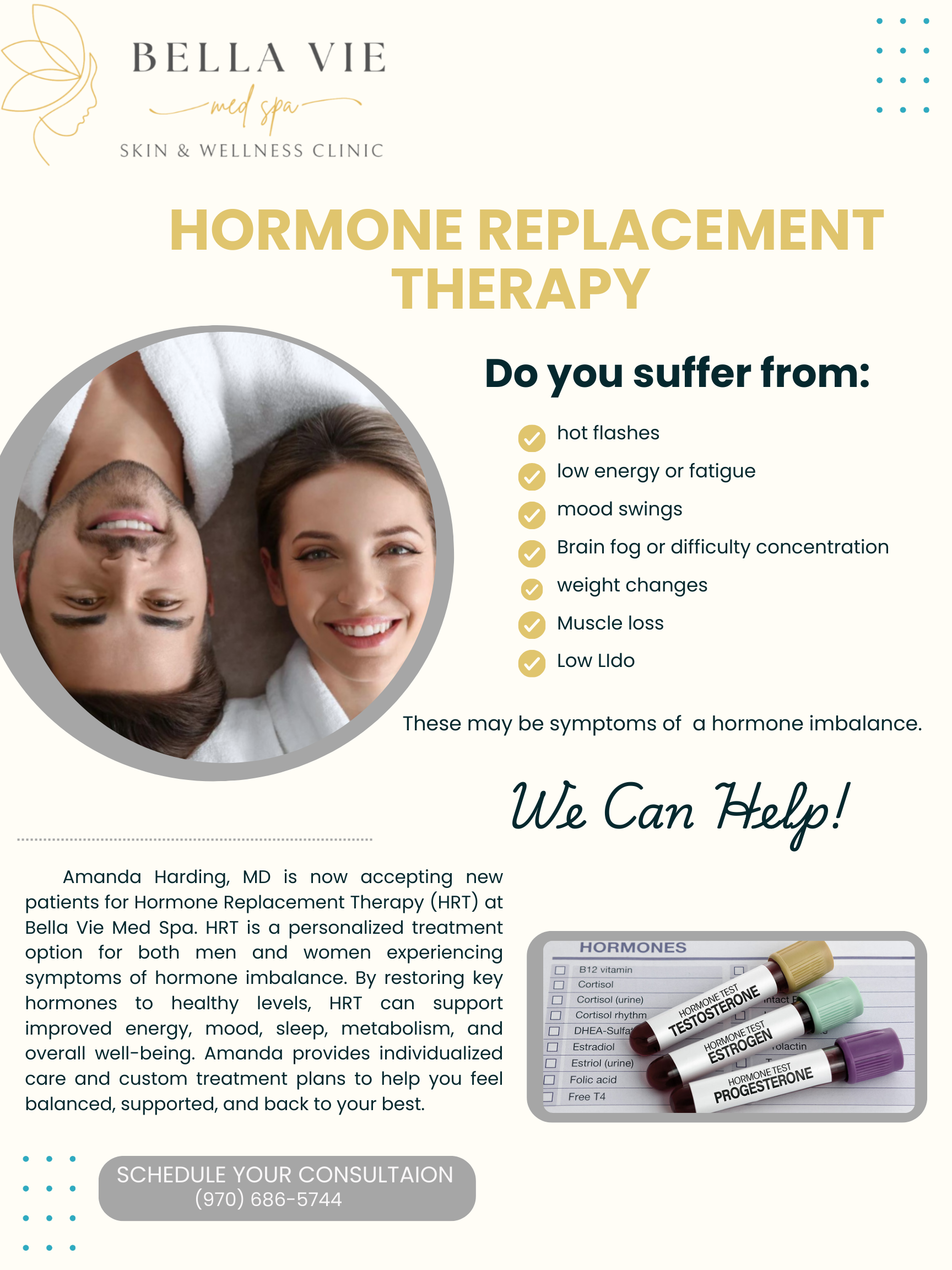 Hormone replacement therapy flyer with two women, symptom checklist, and contact info on a light background