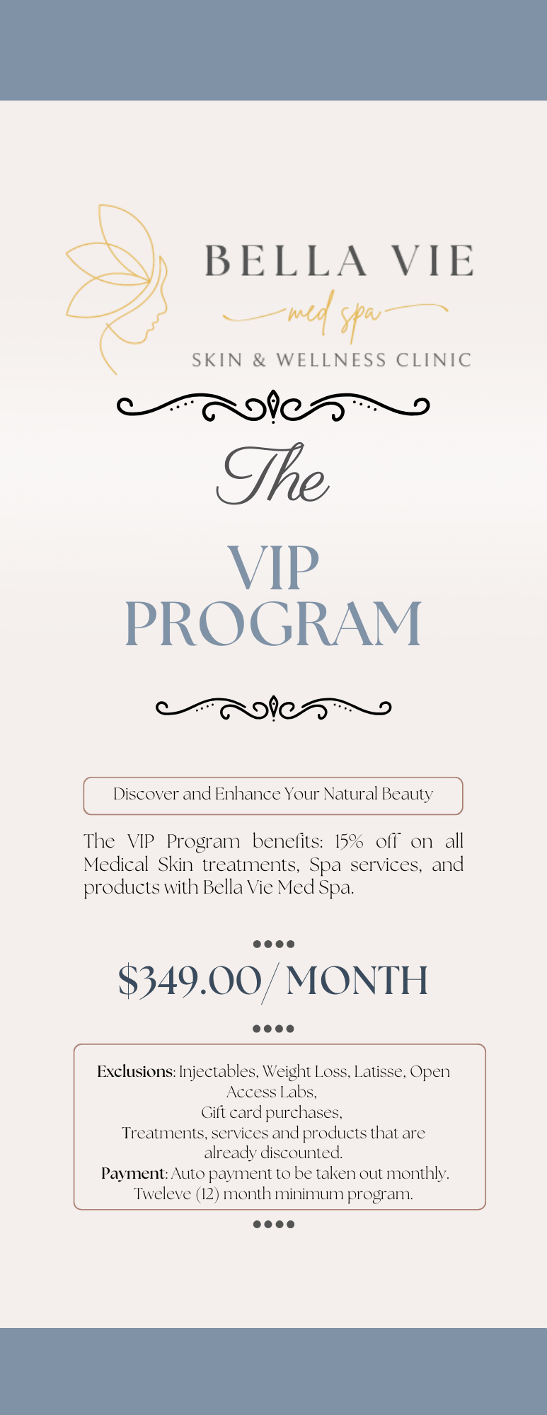 A poster for bella vie skin & wellness clinic advertising the VIP program.