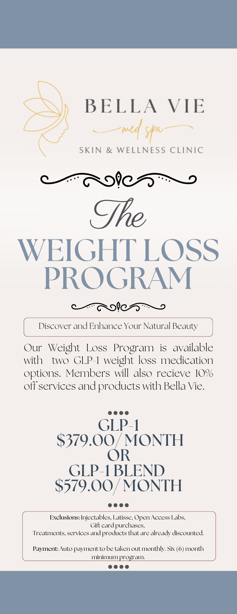 Bella Vie “The Weight Loss Program” flyer with white background and blue-gray accents