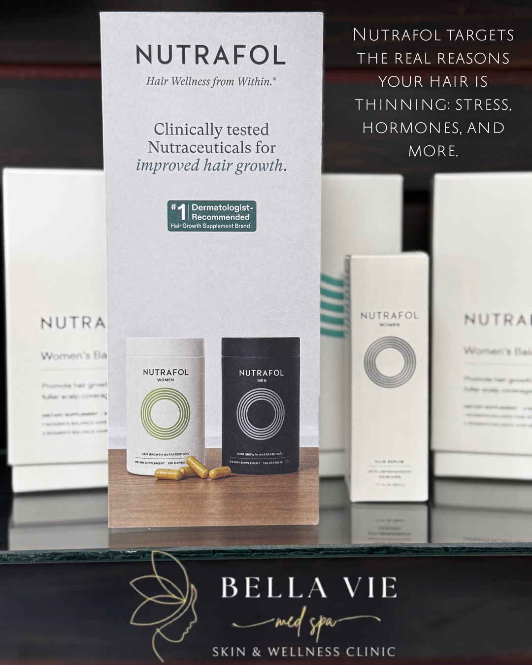 NUTRAFOL hair growth supplements and skincare products displayed on a Bella Vie Spa background.