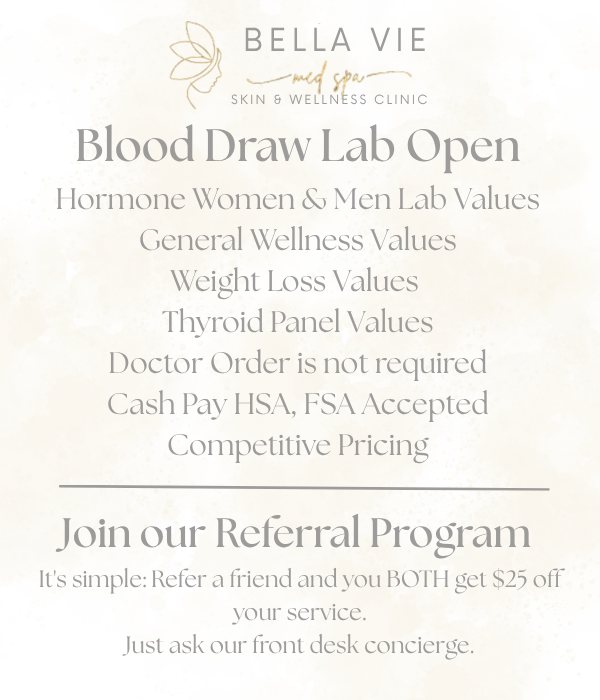 Bella Vie Wellness Clinic flyer advertising blood draw lab services and referral program.