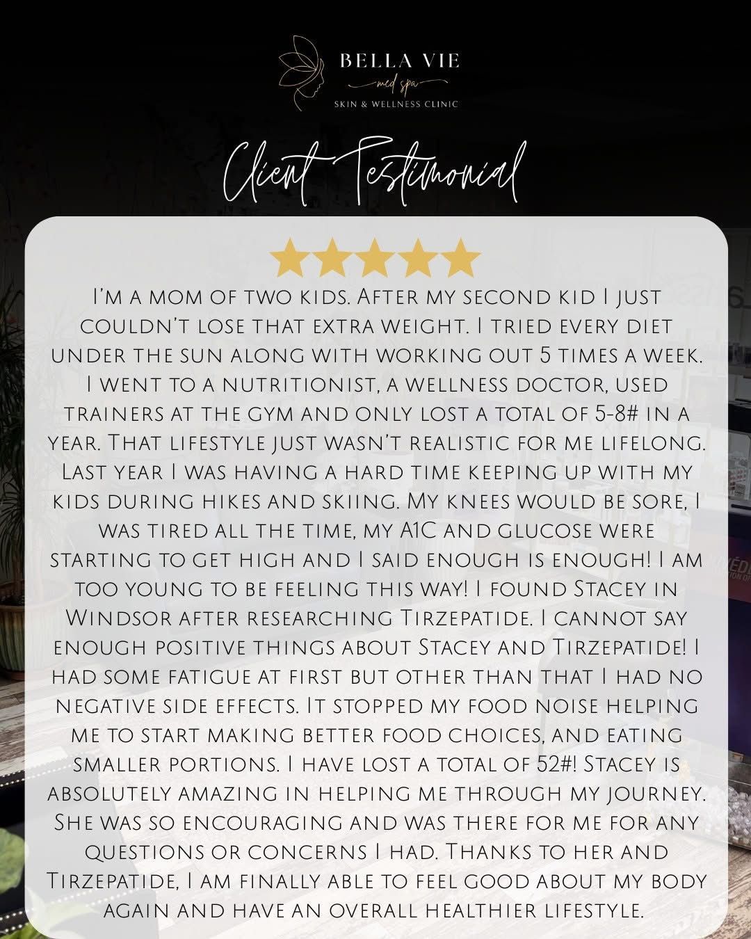 Black flyer with “Guest Testimonial” title and a long white text block centered on the page.