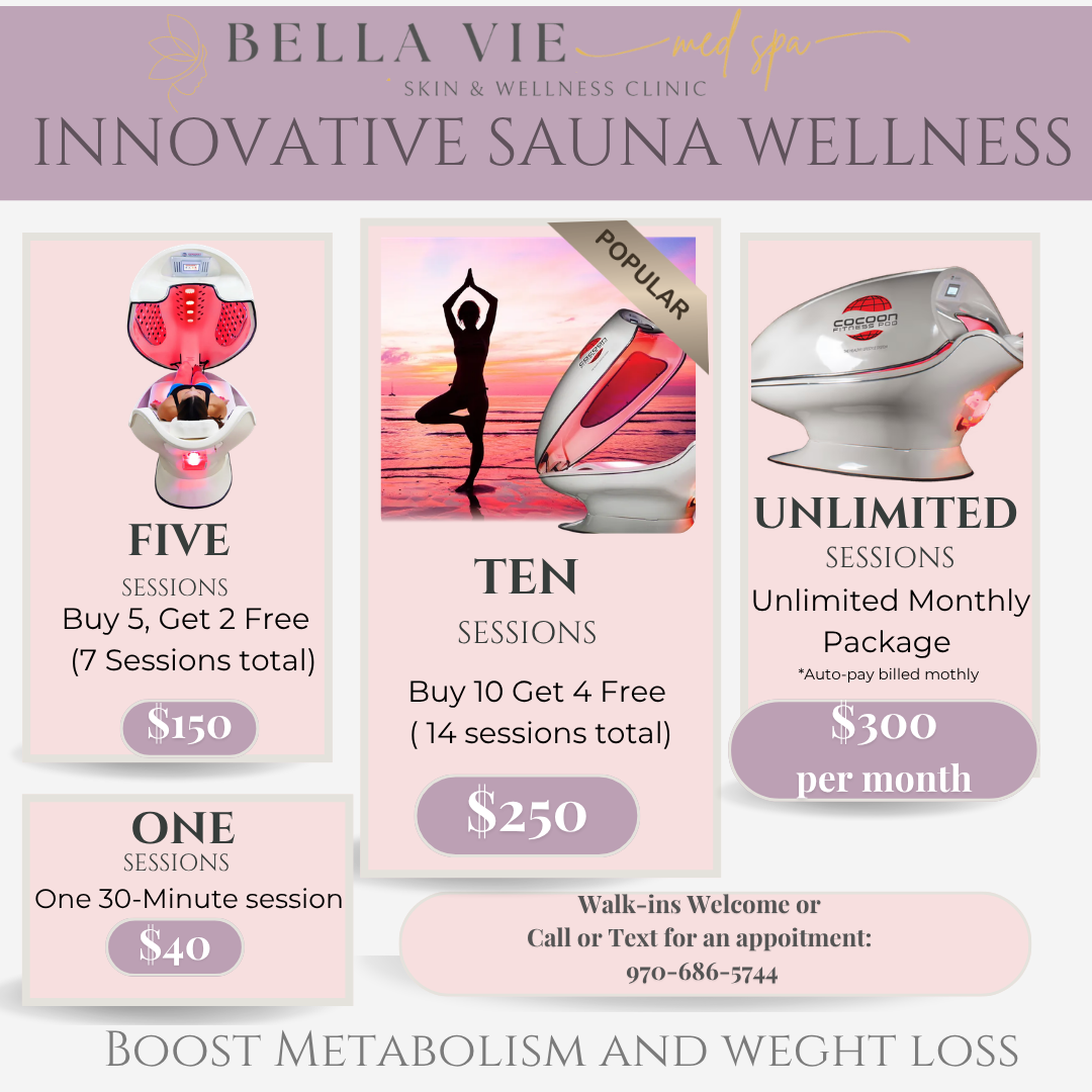 Bella VI promotional flyer for innovative sauna wellness packages, pink and white layout with pricing and sessions.