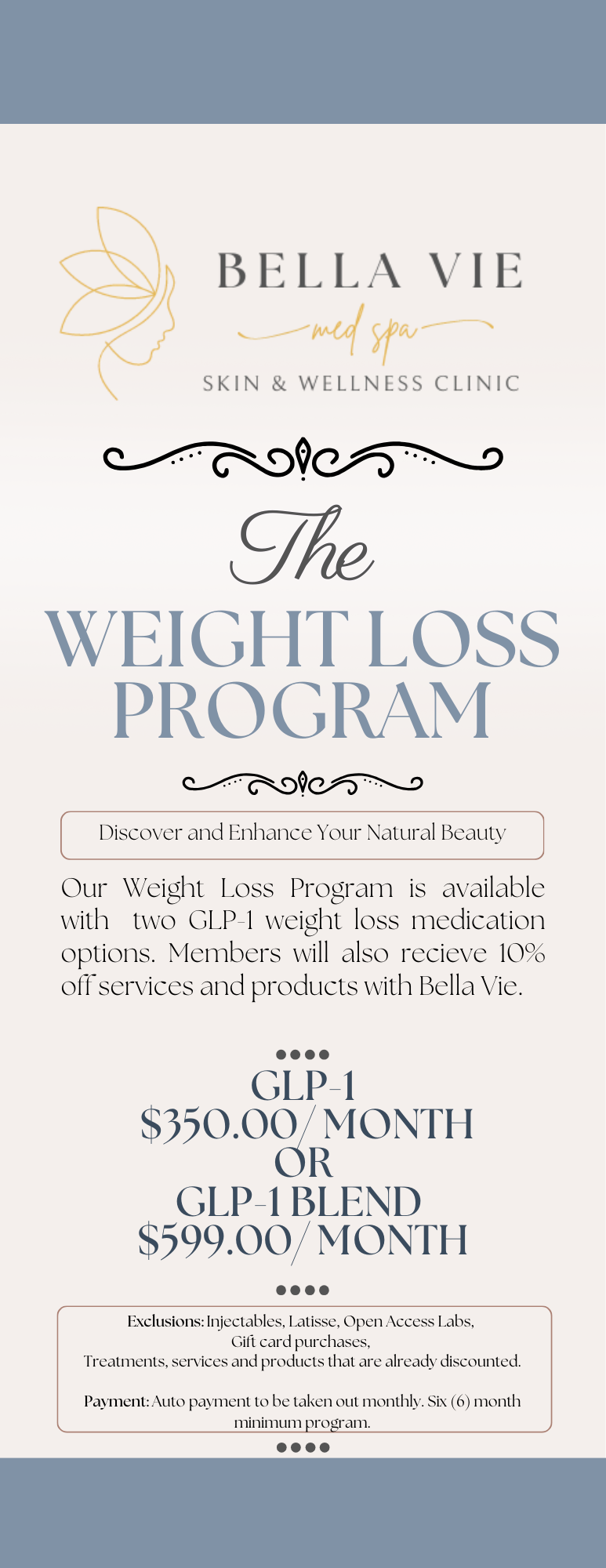 A poster for bella vie skin & wellness clinic advertising the weight loss program.