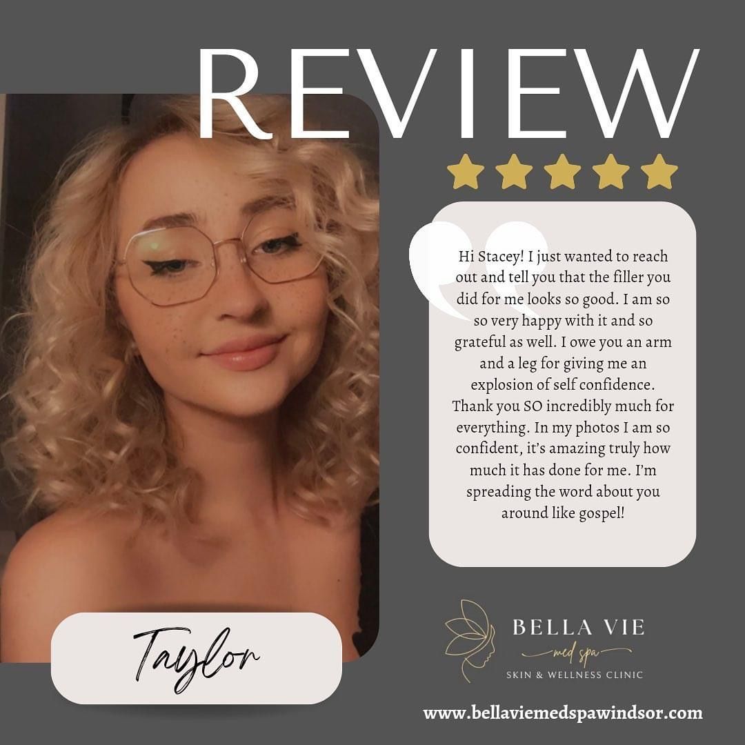 Review graphic with a smiling woman, testimonial text, and Bella Vie branding on a dark background.