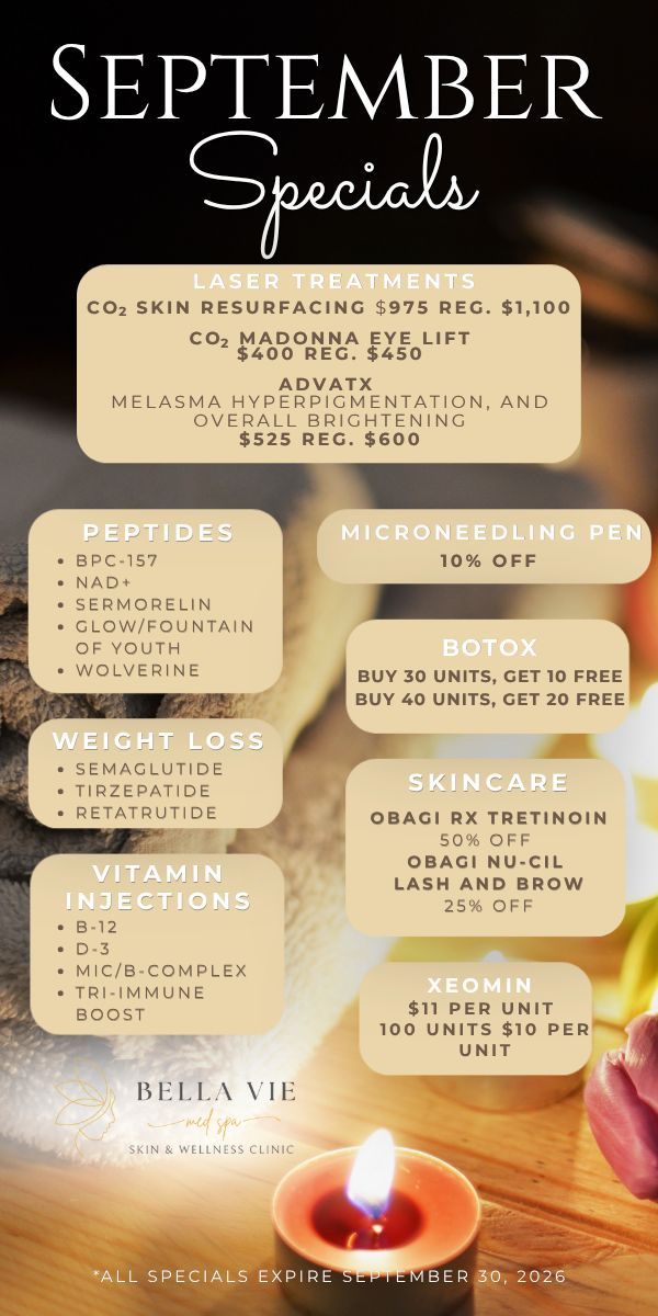 Blue August Specials flyer listing skincare and facial services with prices and dates