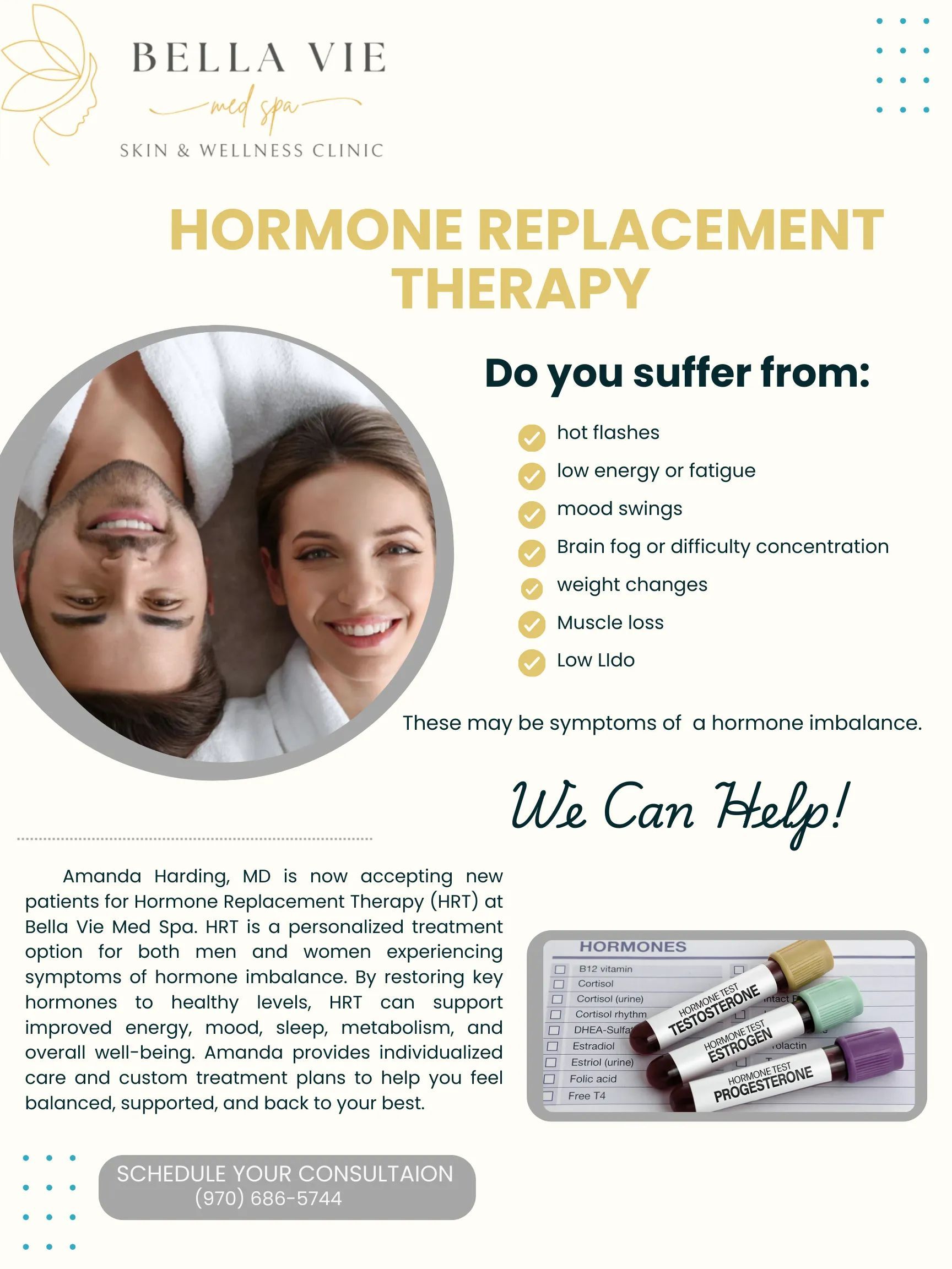 An advertisement for Hormone Replacement Therapy with a smiling couple, and a list of symptoms.