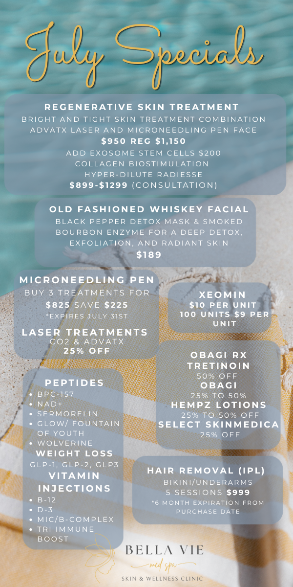 Blue spa flyer listing July specials with treatment packages and prices