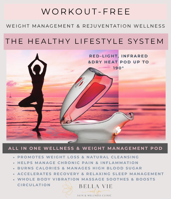 Pink sunset ad for a “workout-free” red-light infrared beauty and weight-management device.