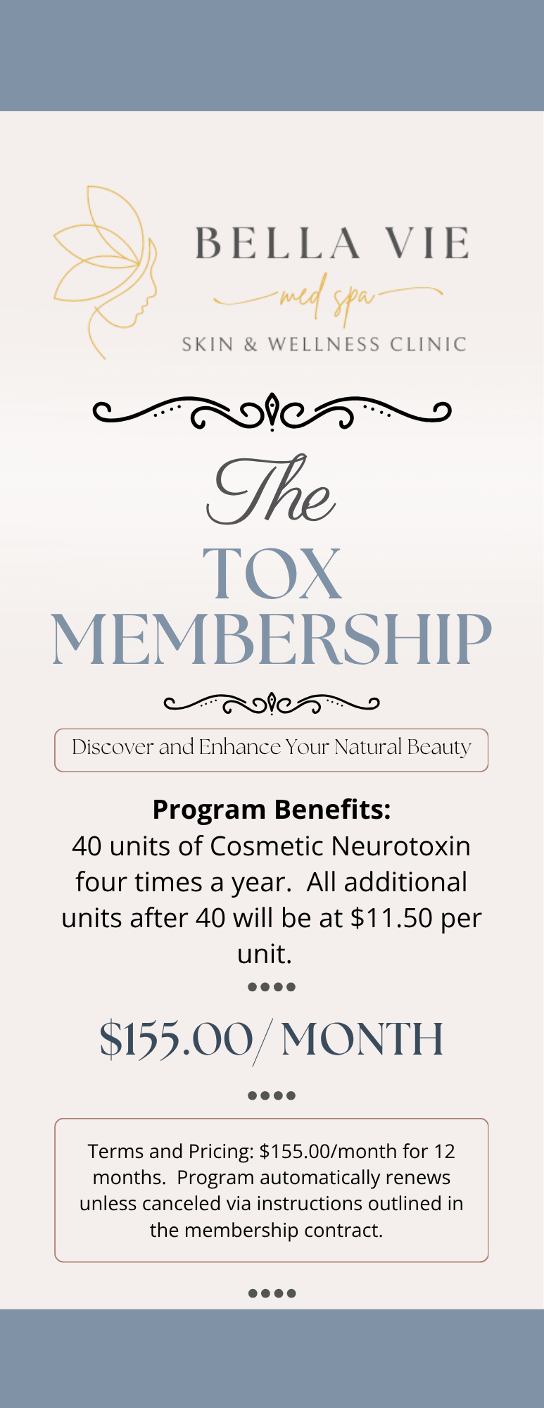 Bella Vie spa flyer for “The Tox Membership” with monthly detox treatment details and pricing.