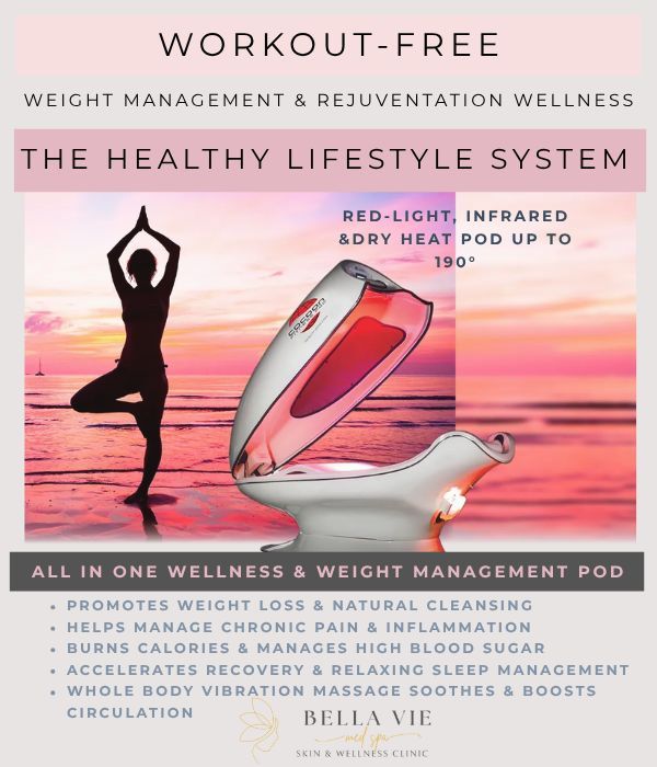 Pink wellness ad for a red-light infrared body wrap, with sunset background and yoga silhouette