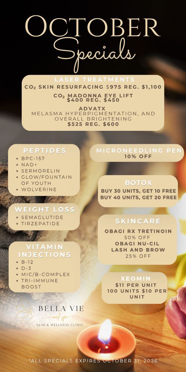 Blue August Specials flyer listing skincare and facial services with prices and dates