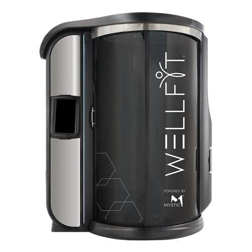 Black cylindrical WELLFIT product with silver side panel and vertical branding on a white background