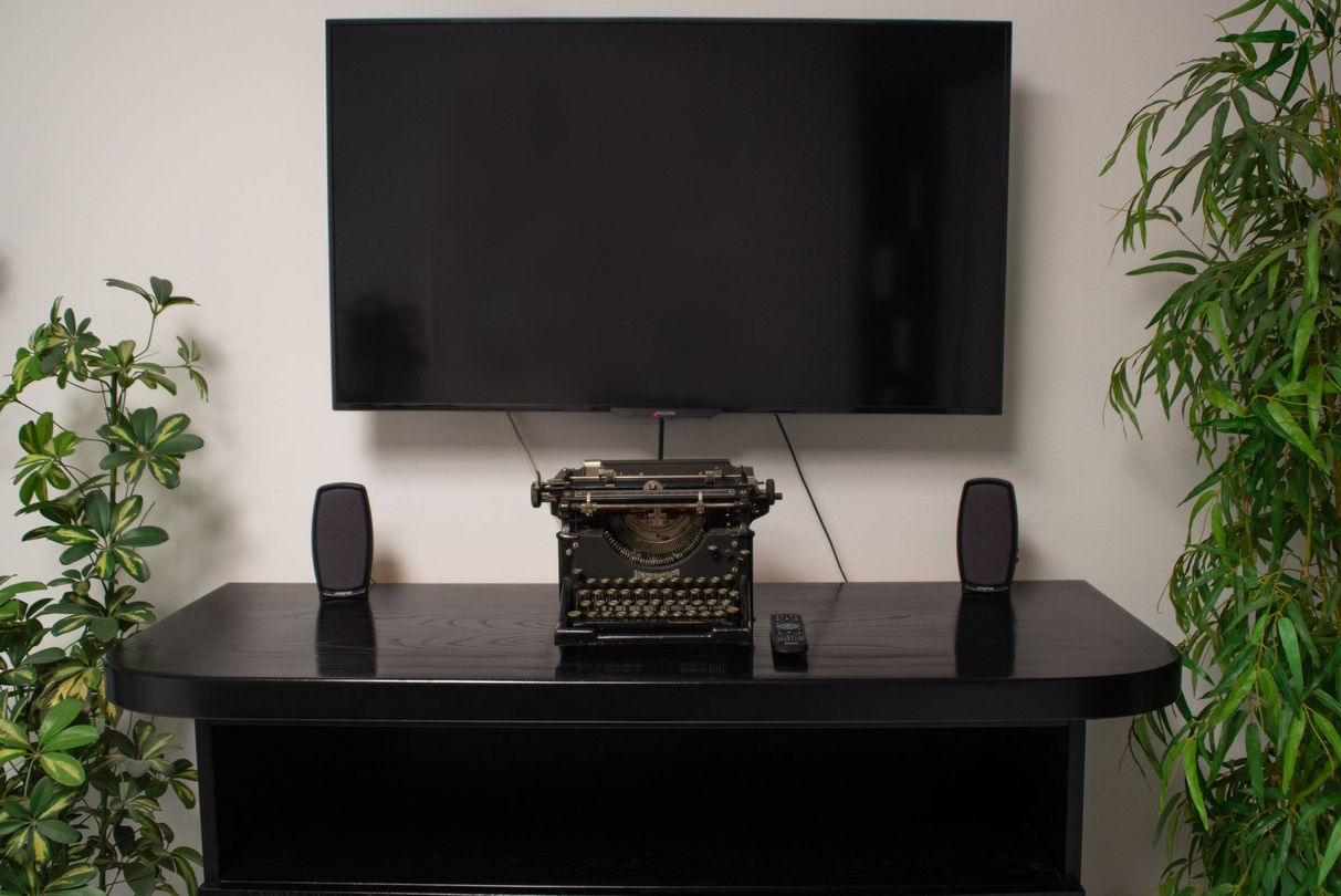 Televisore nero montato sopra una consolle scura con altoparlanti e un elemento decorativo centrale, affiancato da alte piante verdi.