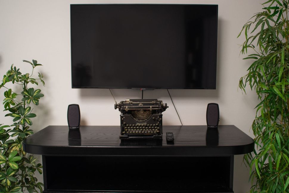 Televisore nero montato sopra una consolle scura con altoparlanti e un elemento decorativo centrale, affiancato da alte piante verdi.