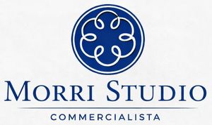 Logo di Morri Studio Commercialista con emblema circolare blu e testo su sfondo bianco.