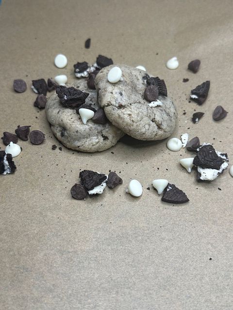 Cookie with Oreo crumbles mixed into the dough