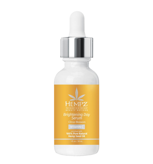 A bottle of hempz brightening day serum with a dropper on a white background.
