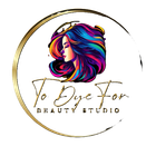 A logo for a beauty studio with a woman 's face and colorful hair.