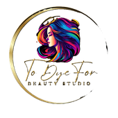 A logo for a beauty studio with a woman 's face and colorful hair.